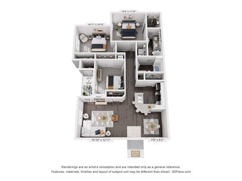 Floor plan for 3 beds, 2 baths, 1404 sqft